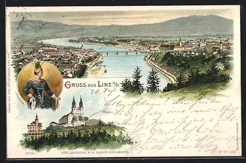 Lithographie Linz, Pöstlingberg mit der elektrischen Steilbahn, Linzerin & Gesamtansicht des Orts