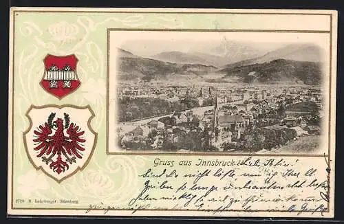 AK Innsbruck, Gesamtansicht aus der Vogelschau, Passepartout mit Wappen