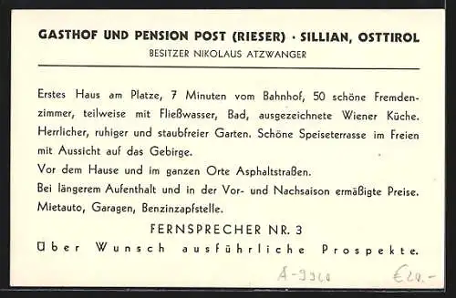 AK Sillian /Osttirol, Gasthof und Pension Post, Inh. Nikolaus Atzwanger