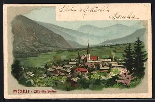 Künstler-AK Fügen /Zillertal, Teilansicht mit Kirche