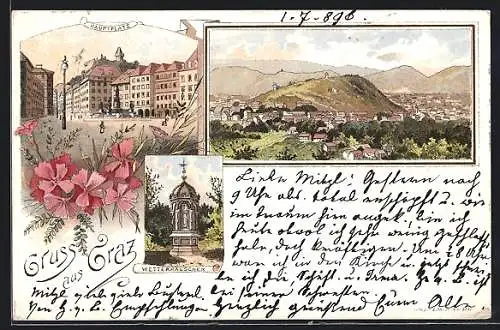 Lithographie Graz, Totalansicht mit dem Schlossberg, Hauptplatz, Wetterhäuschen