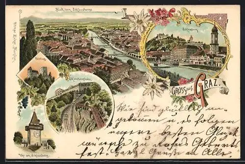 Lithographie Graz, Schlossberghain, Gösting, Blick vom Schlossberg, Schlossberg