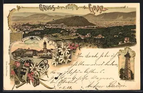 Lithographie Graz, Hilmwarte, Schlossberg und neue Brücke, Ortspanorama