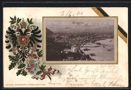 AK Bregenz, Gesamtansicht der Stadt mit Gebirgszug, Wappen