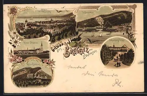 AK Bregenz am Bodensee, Kloster Mehrerau, Kloster Riedenburg, Gebhardsberg-Terrasse, Hafenpartie