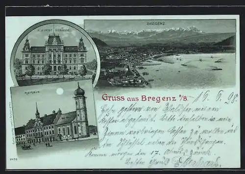 Mondschein-Lithographie Bregenz a. B., K. k. Postgebäude, Rathaus, Gesamtansicht am See