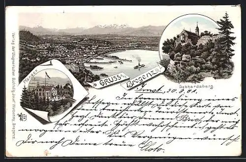 Lithographie Bregenz, Gasthaus Pfänder, Ortsansicht, Gebhardsberg