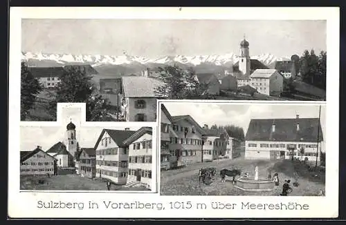 AK Sulzberg, Teilansicht mit Kirche, Platz mit Brunnen, Ortspartie