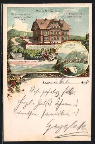 Lithographie Graz, Alpen - Hotel Stubenberghaus auf dem Schöckel, Blick auf Graz