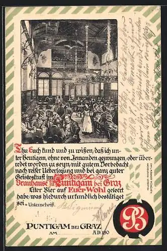 Künstler-AK Graz, Restaurant Brauhaus Puntigam, Urkunde mit Siegel
