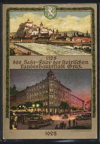 AK Graz, 800 Jahrfeier der Stadt 1128-1928, Strassenpartie, Gesamtansicht, Strassenbahn, Wappen