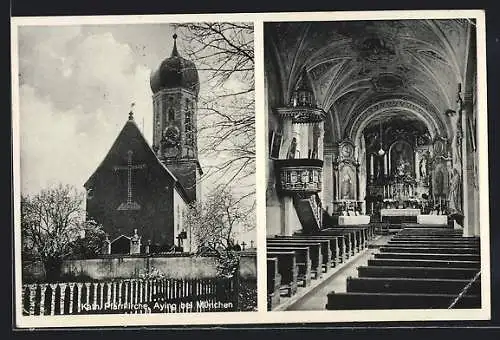 AK Aying bei München, Innen- und Aussenansicht der Kath. Pfarrkirche