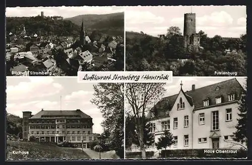 AK Stromberg /Hunsrück, Kurhaus, Haus Obentraut, Fustenburg und Ortsansicht aus der Vogelschau