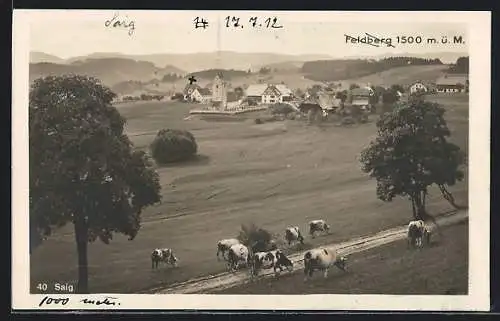 AK Lenzkirch-Saig, Ortsansicht mit Weide und Kühen