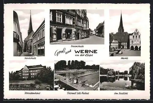 AK Werne an der Lippe, Kirchstrasse, Krankenhaus, Freibad und Stadtsee