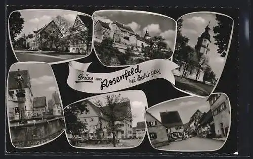 AK Rosenfeld bei Balingen, Strassenpartien, Kirche und Denkmal