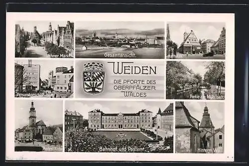 AK Weiden / Opf., Unterer Markt, Partie am Mühlbach, Bahnhof und Postamt