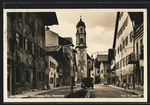 AK Mittenwald, Obere Marktstrasse mit Neunerhaus, Post und Pfarrkirche