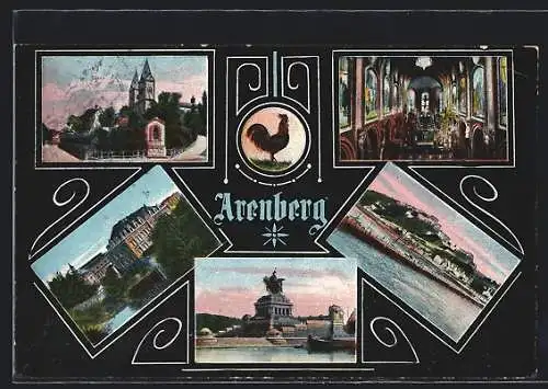 AK Arenberg, Kirche mit Innenansicht, Denkmal und Flusspartie