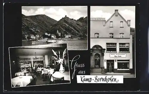 AK Kamp-Bornhofen a. Rh., Hotel-Restaurant Mies-Becker mit Flusspartie