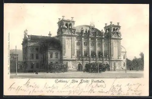 AK Coblenz, Die Städt. Festhalle mit Strassenbahn