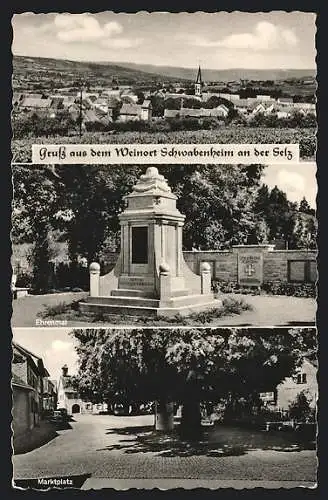 AK Schwabenheim an der Selz, Teilansicht, Ehrenmal, Marktplatz