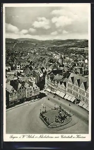 AK Siegen i. W., Blick vom Nikolaiturm zur Unterstadt und Kaserne