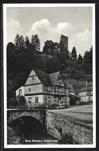 AK Grenzau, Flusspartie mit Teilansicht der Burg