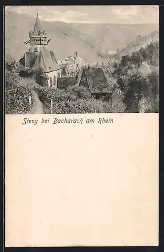 AK Steeg bei Bacharach, Panorama mit Kirche