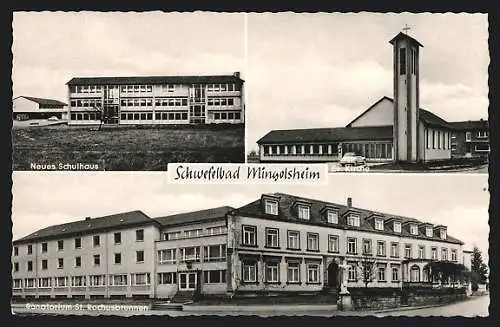 AK Bad Mingolsheim, Sanatorium St. Rochusbrunnen, Ev. Kirche und neues Schulhaus