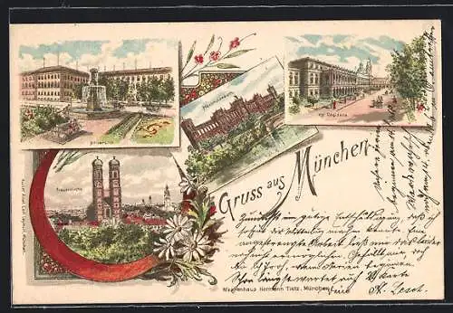 Lithographie München, Blick in eine Strasse mit Kgl. Residenz, Universität, Maximilianeum