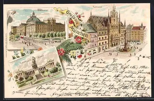 Lithographie München, Justizpalast, Ruhmeshalle Bavaria und Rathaus