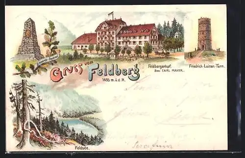 Lithographie Feldberg / Schwarzwald, Feldsee, Bismarckdenkmal, Friedrich-Luisen-Turm, Hotel Feldberger Hof