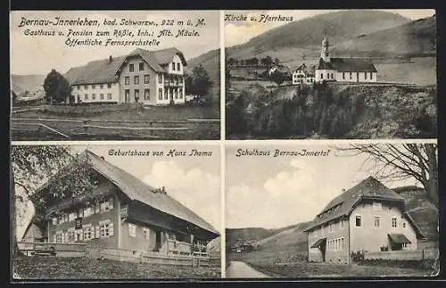 AK Bernau-Innerlehen, Kirche u. Pfarrhaus, Schulhaus und Geburtshaus von Hans Thoma