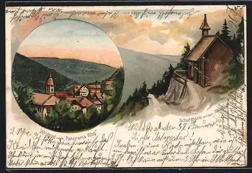 Lithographie Wildbad / Württ., Ortsansicht vom Panorama Weg und Schutzhütte auf dem Wildbaden-Kopf