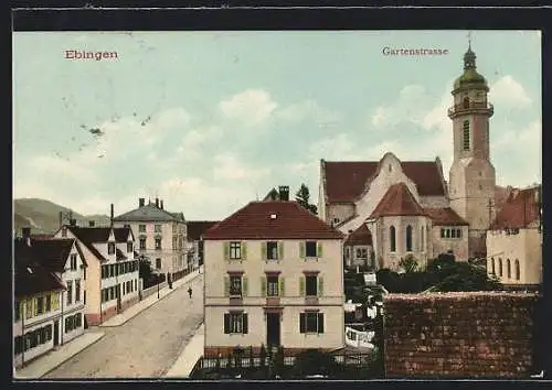AK Ebingen, Gartenstrasse mit Kirchturm