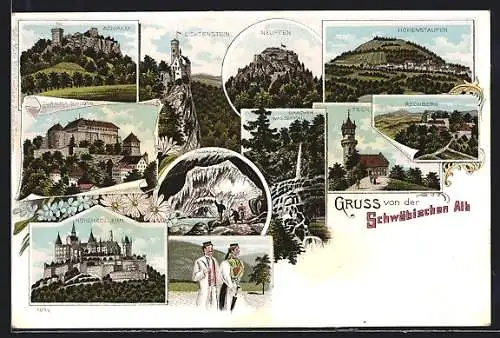 Lithographie Hohenzollern, Schloss Hohenzollern, Nebelhöhle, Burgen Teck, Rechberg, Hohenstaufen, Neuffen