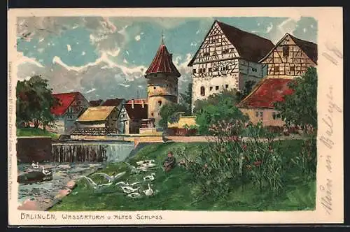 Künstler-AK Balingen, Wasserturm und Altes Schloss