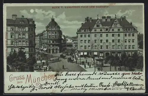 Mondschein-Lithographie München, Blick vom Karlsthor nach dem Bahnhof