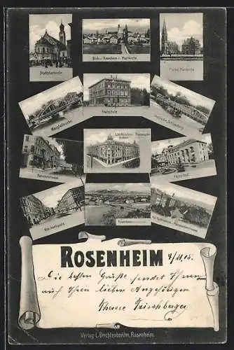 AK Rosenheim, Teilansichten mit Kgl. Gymnasium, Realschule, Kaiserbad, Bahnhofstrasse