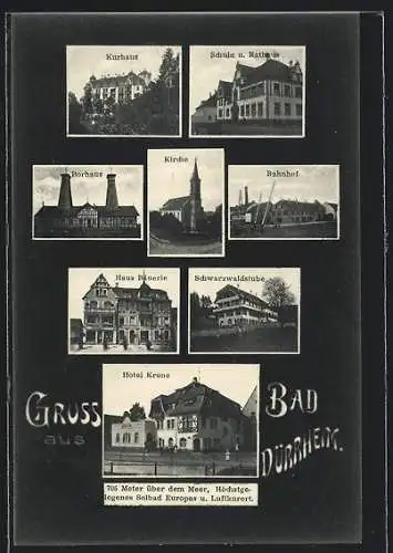 AK Bad Dürrheim, Borhaus, Bahnhof, Schwarzwaldstube, Hotel Krone, Haus Bäuerle