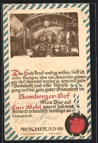 AK München, Gasthaus Bamberger Hof, Urkunde mit Siegel