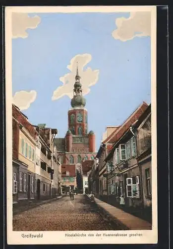 AK Greifswald, Nicolaikirche von der Hunnenstrasse gesehen
