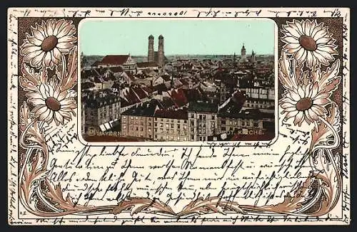 AK München, Panorama von der Protestantischen Kirche, lithographiertes Blumen-Passepartout