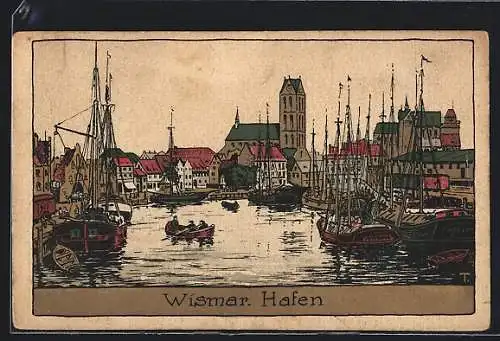 Steindruck-AK Wismar, Blick zum Hafen