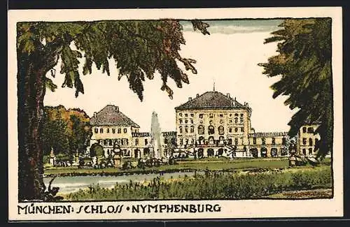 Steindruck-AK München, Grünanlagen vor dem Schloss Nymphenburg