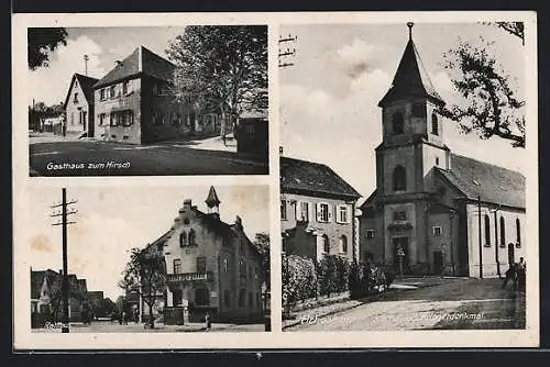AK Elchesheim, Gasthaus zum Hirsch, Kirche und Kriegerdenkmal