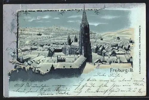 Mondschein-Lithographie Freiburg i. B., winterliche Ansicht mit Münster