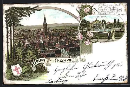 Lithographie Freiburg / Breisgau, Gesamtansicht und Stadtgarten