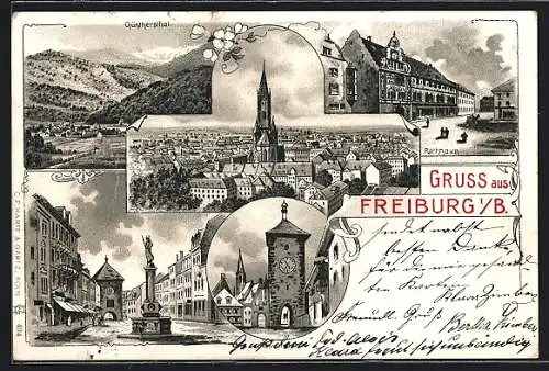 Lithographie Freiburg i. B., Denkmal, Tor, Rathaus, Panorama mit Kirche
